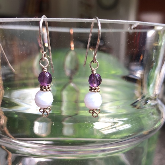 Faceted Blue Lace Agate & Amethyst earrings - Picture 3 of 5